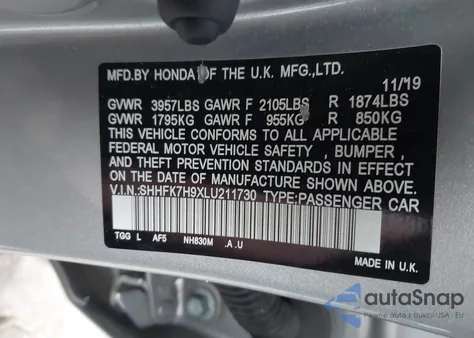 2020 Hond Civic Hatchback Spor Sport Touring из США, поврежденный, VIN SHHFK7H9XLU211730